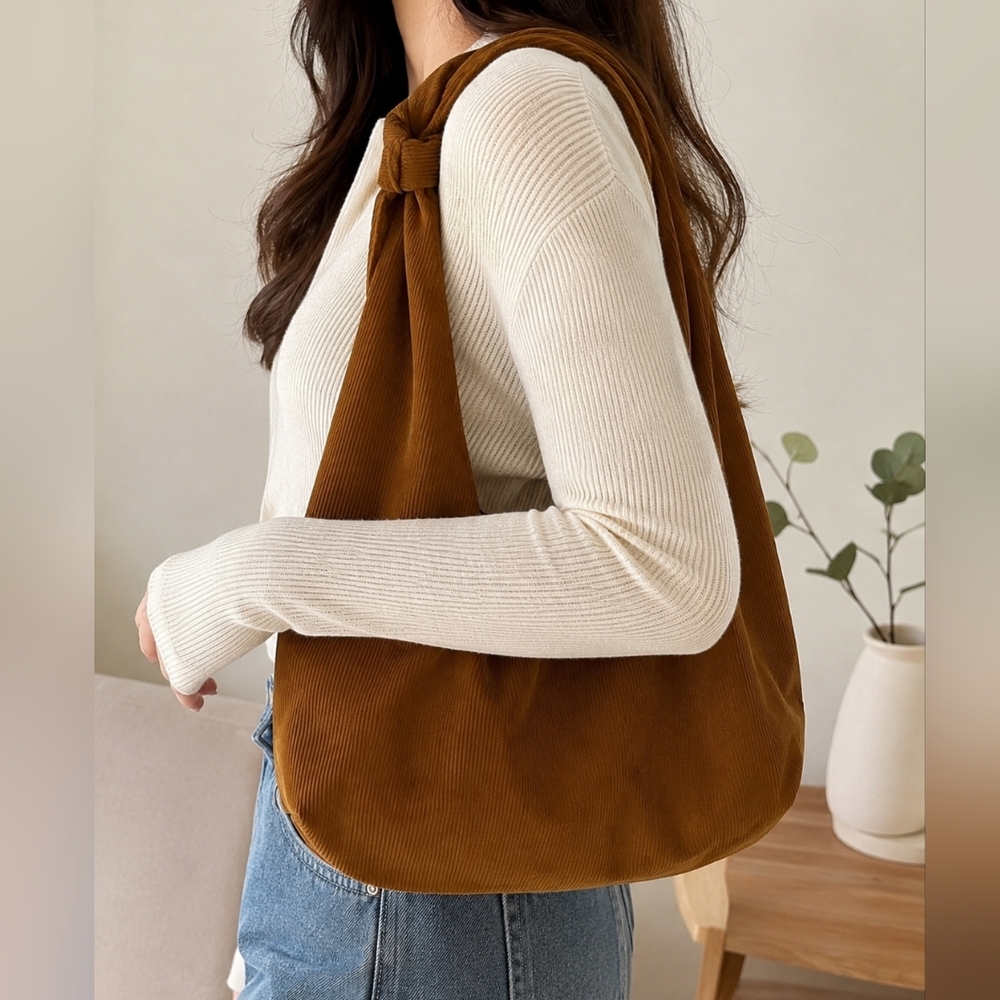 Merit Brown Corduroy Hobo Shoulder Bag Minimalist Slouchy Everyday Tote NWT
